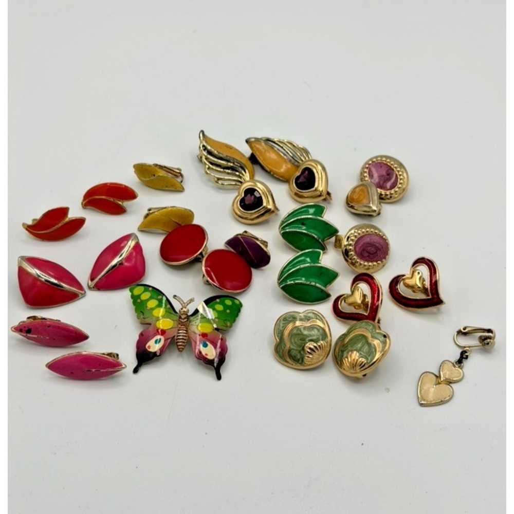 Vintage Costume Jewelry Lot Enamel Clip On Earrings Butterfly Brooch 20+ Pcs